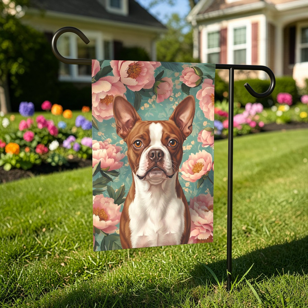 Pink Peony Red Boston Terrier Garden Flag - front view - Dragonfire Gardens