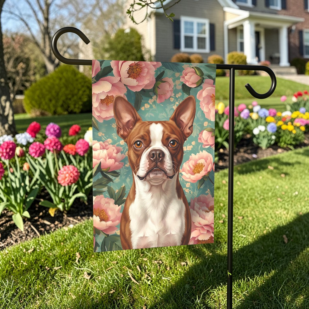 Pink Peony Red Boston Terrier Garden Flag - lifestyle display - Dragonfire Gardens
