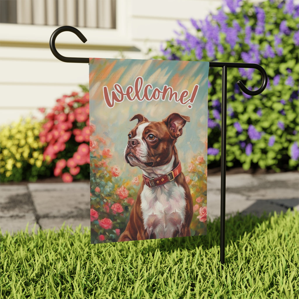 Pink Flower Red Boston Terrier Welcome Garden Flag - outdoor display - Dragonfire Gardens