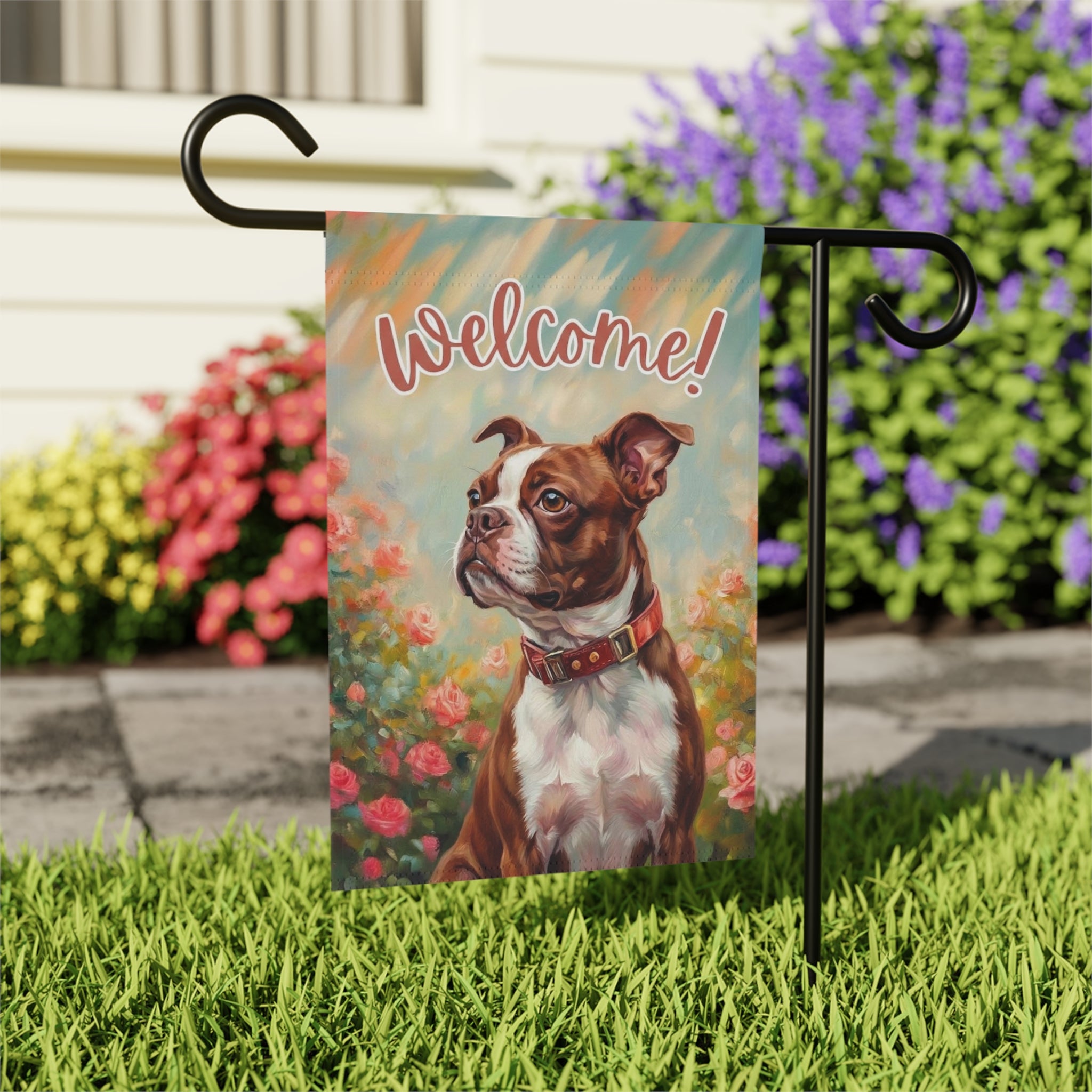 Pink Flower Red Boston Terrier Welcome Garden Flag - outdoor display - Dragonfire Gardens