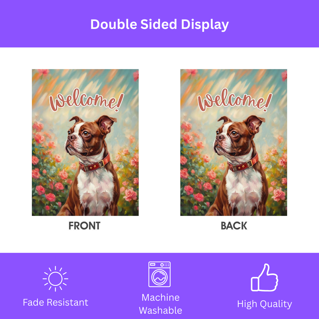 Pink Flower Red Boston Terrier Welcome Garden Flag - double-sided design - Dragonfire Gardens