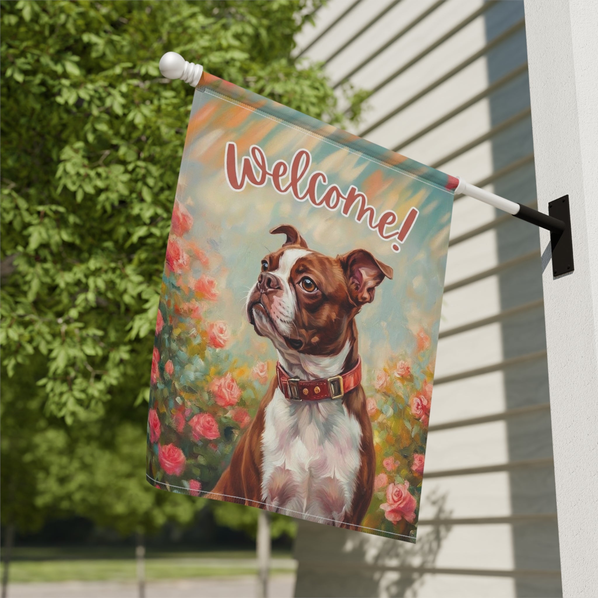 Pink Flower Red Boston Terrier Welcome Garden Flag - close-up detail - Dragonfire Gardens
