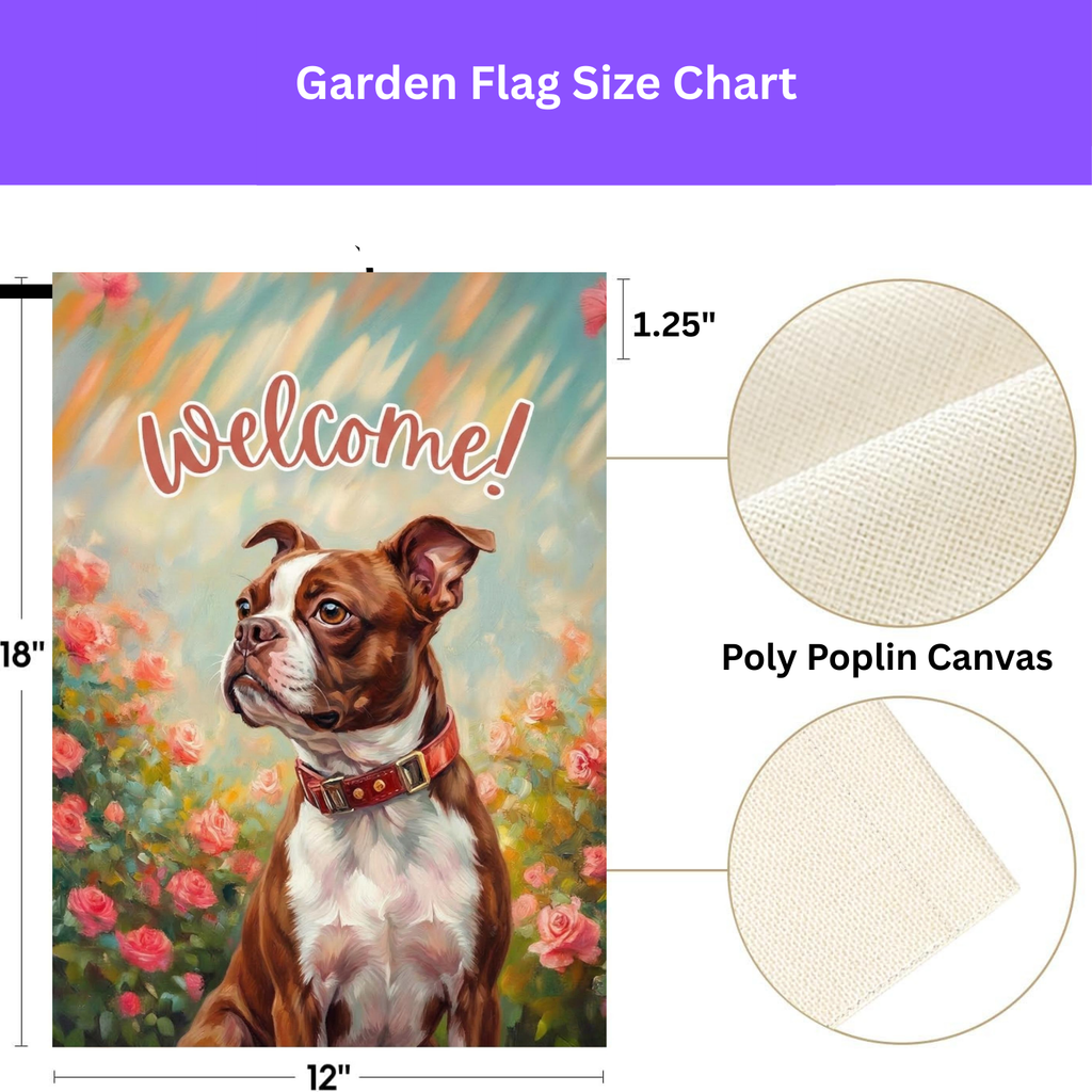 Pink Flower Red Boston Terrier Welcome Garden Flag - size comparison - Dragonfire Gardens