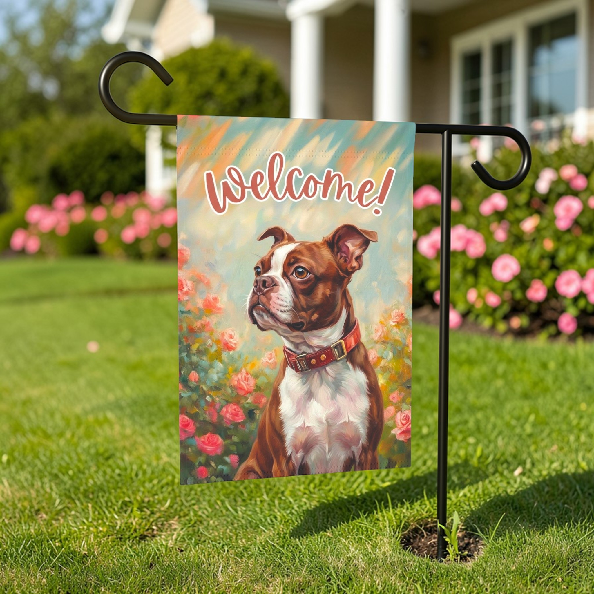 Pink Flower Red Boston Terrier Welcome Garden Flag - porch decor - Dragonfire Gardens