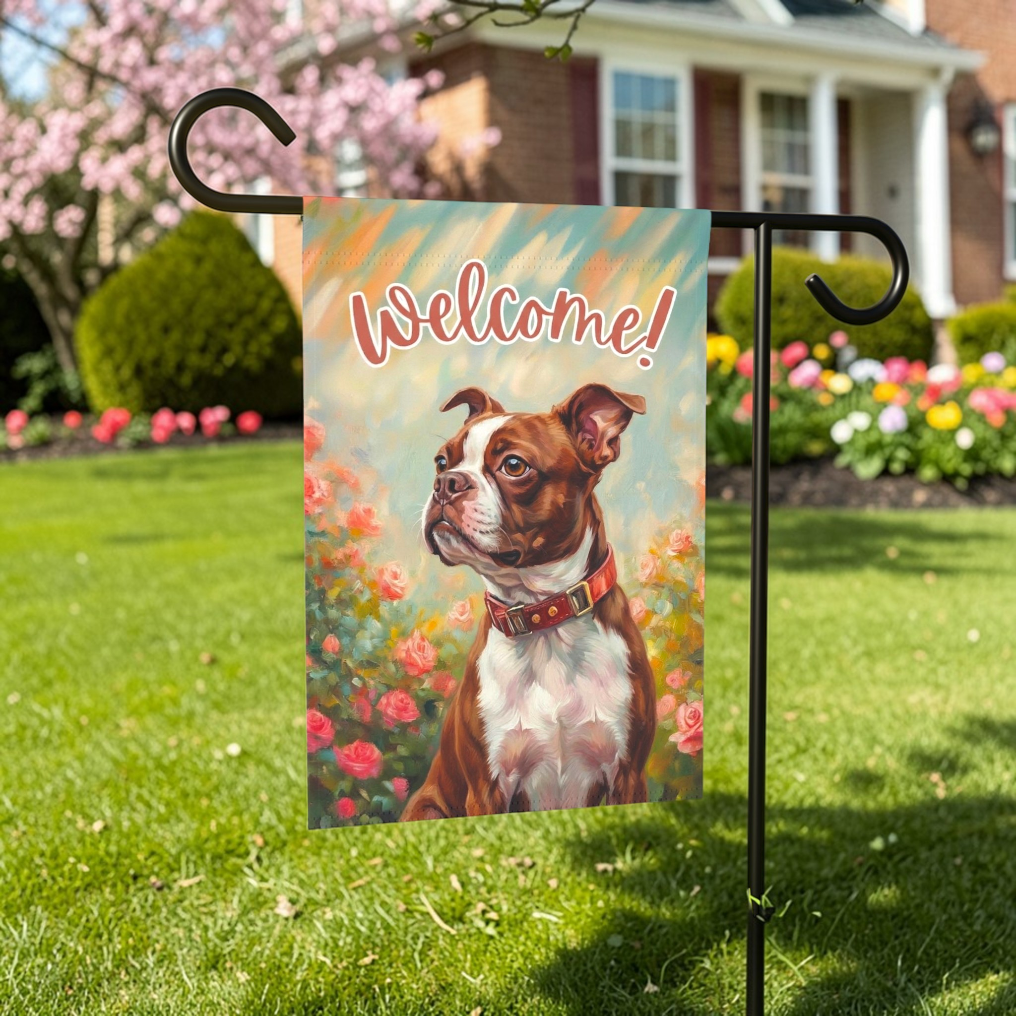 Pink Flower Red Boston Terrier Welcome Garden Flag - front view - Dragonfire Gardens