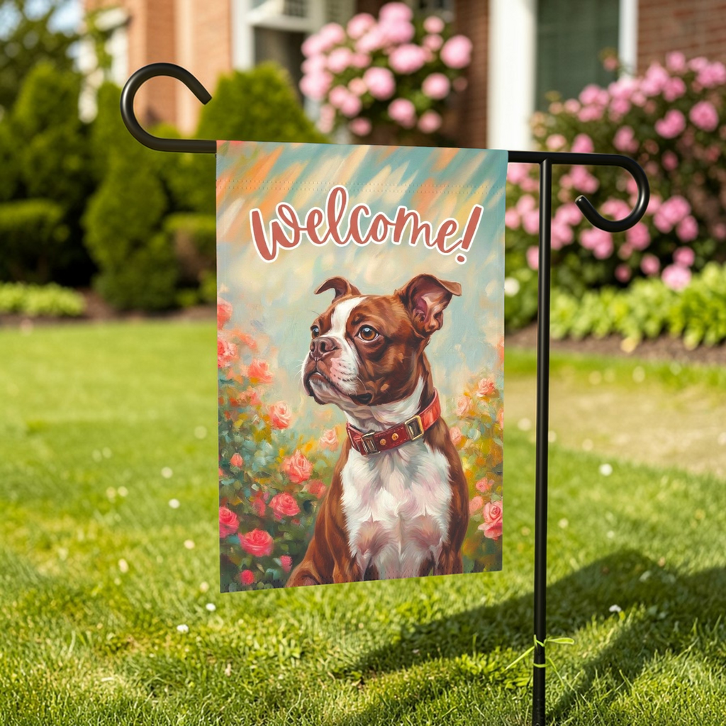 Pink Flower Red Boston Terrier Welcome Garden Flag - lifestyle display - Dragonfire Gardens