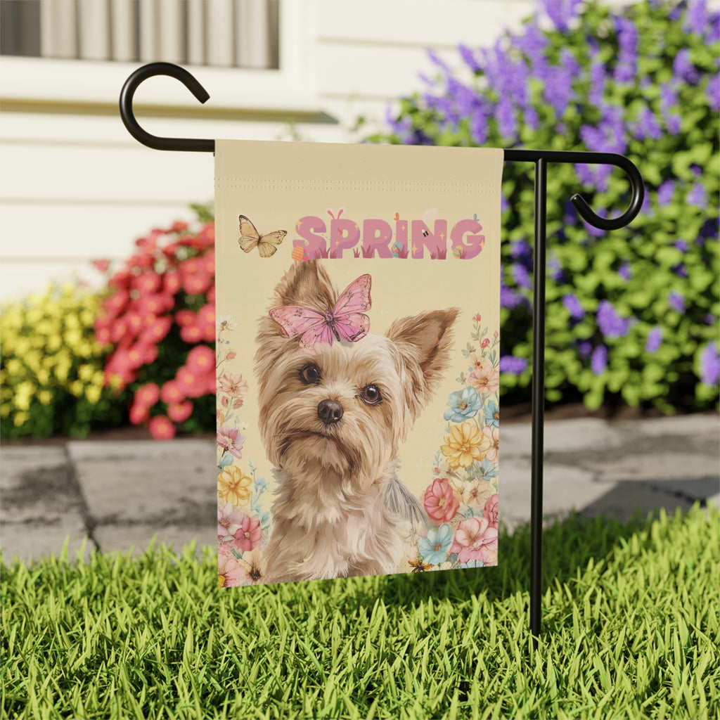 Pink Butterfly Spring Yorkshire Terrier Garden Flag - close-up detail - Dragonfire Gardens