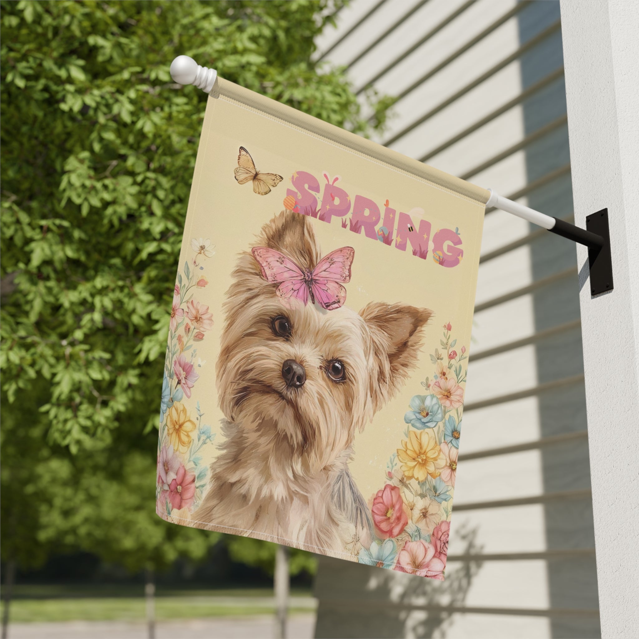Pink Butterfly Spring Yorkshire Terrier Garden Flag - yard display - Dragonfire Gardens