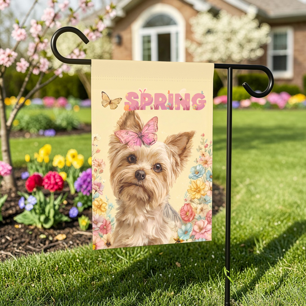 Pink Butterfly Spring Yorkshire Terrier Garden Flag - outdoor display - Dragonfire Gardens