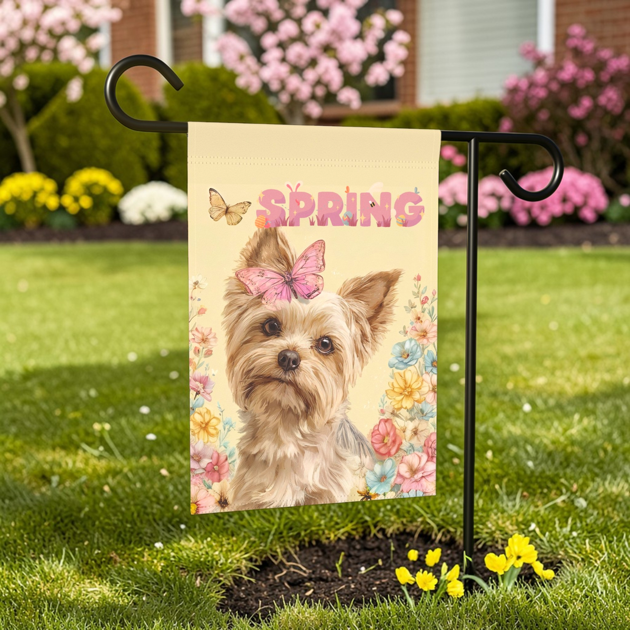 Pink Butterfly Spring Yorkshire Terrier Garden Flag - lifestyle display - Dragonfire Gardens