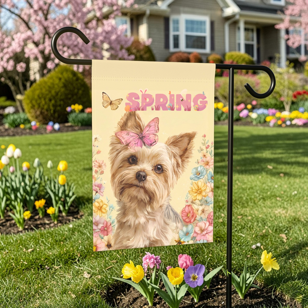Pink Butterfly Spring Yorkshire Terrier Garden Flag - front view - Dragonfire Gardens