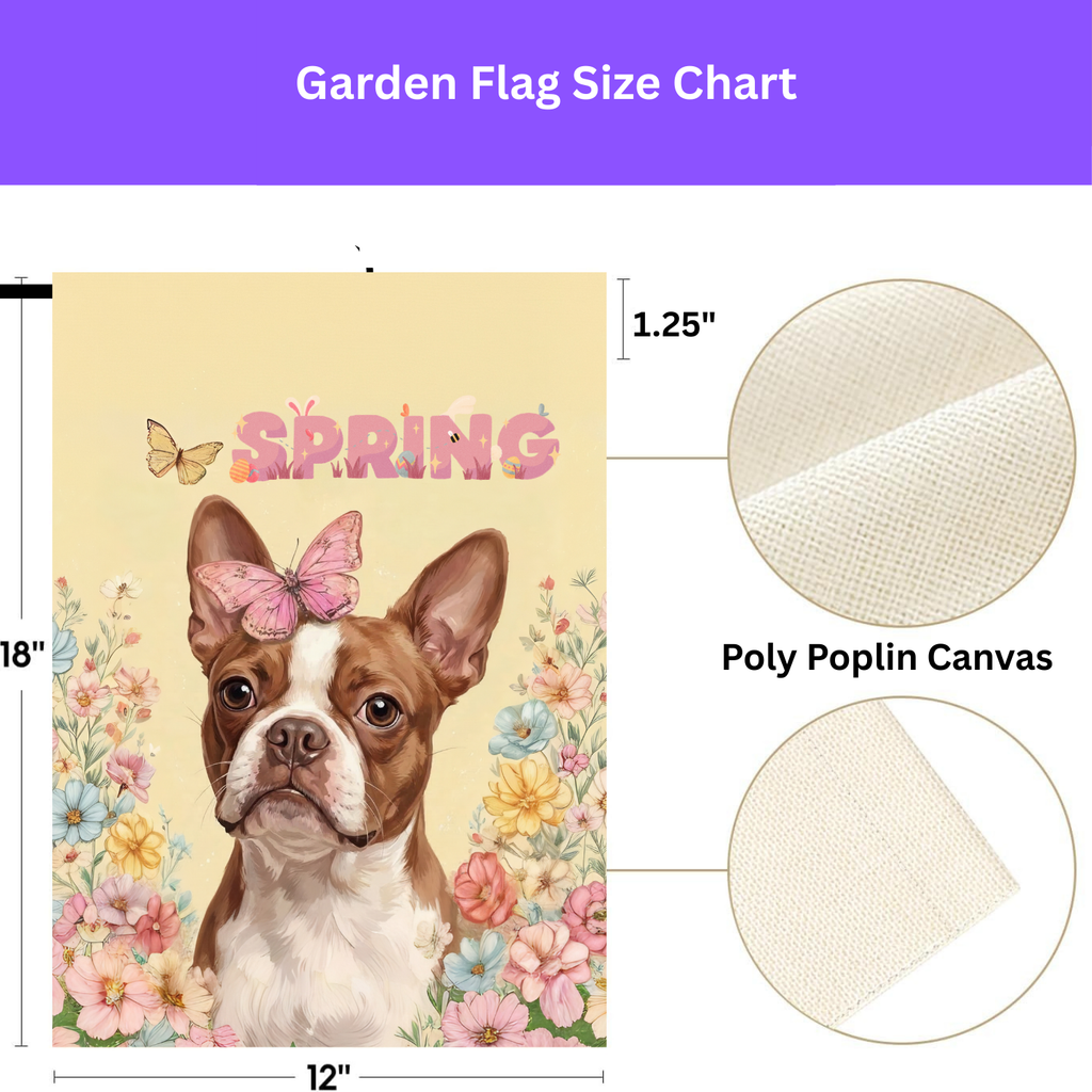 Pink Butterfly Spring Red Boston Terrier Garden Flag - double-sided design - Dragonfire Gardens