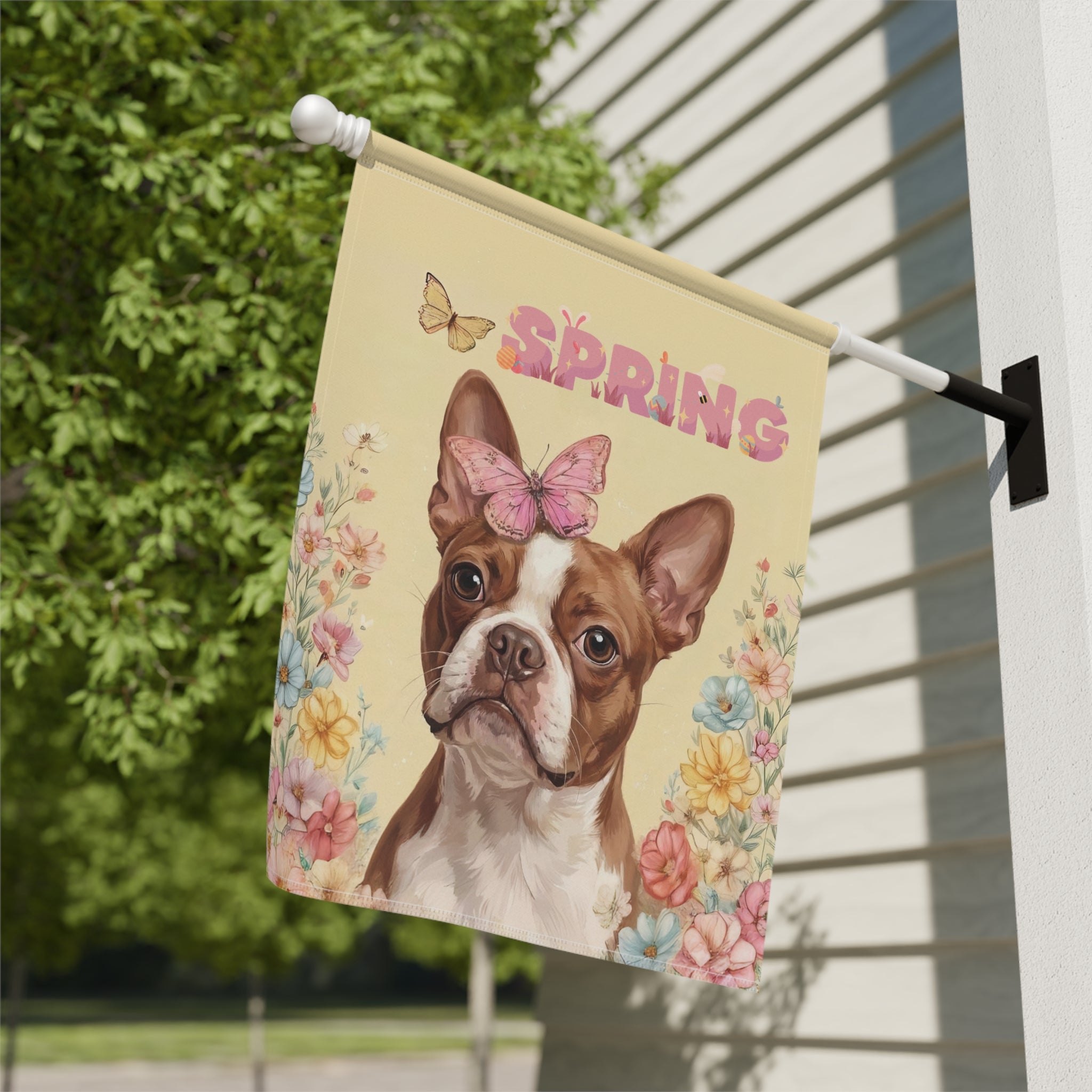 Pink Butterfly Spring Red Boston Terrier Garden Flag - yard display - Dragonfire Gardens