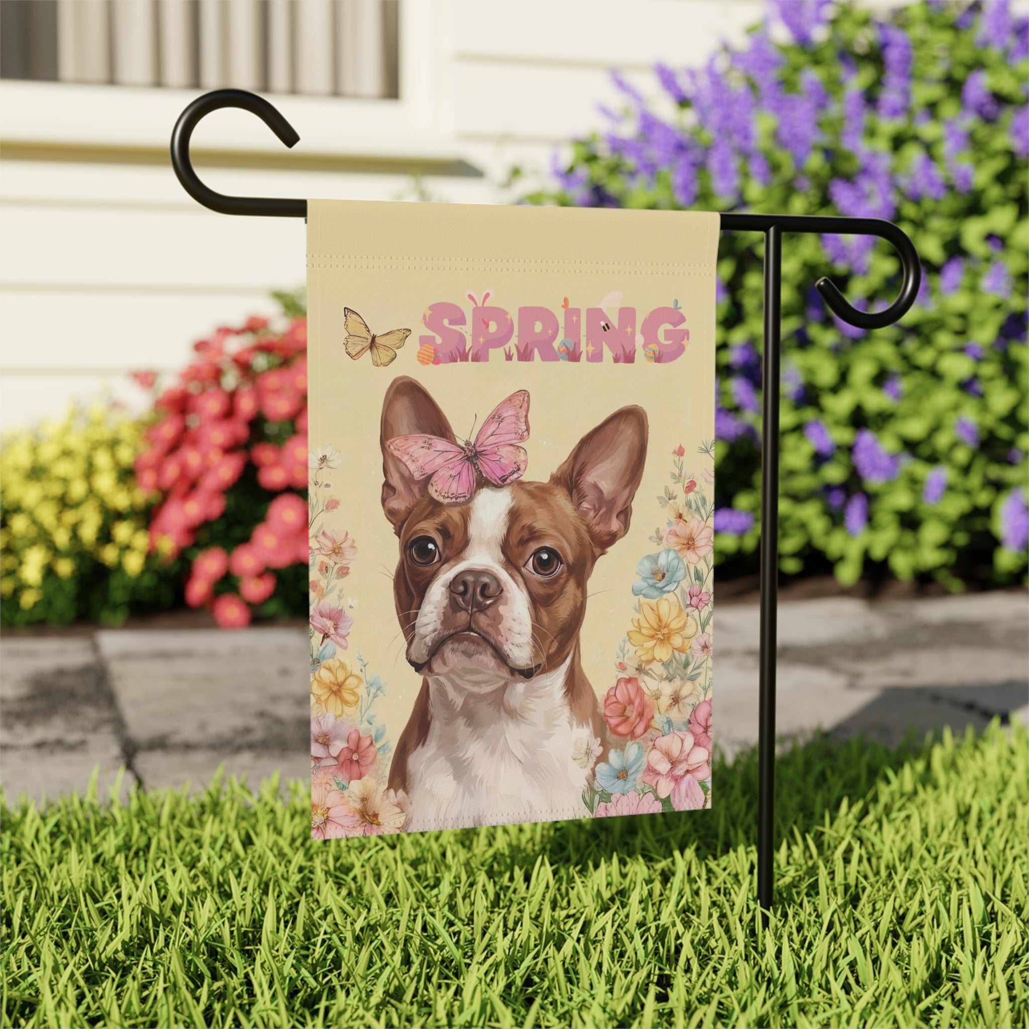 Pink Butterfly Spring Red Boston Terrier Garden Flag - close-up detail - Dragonfire Gardens