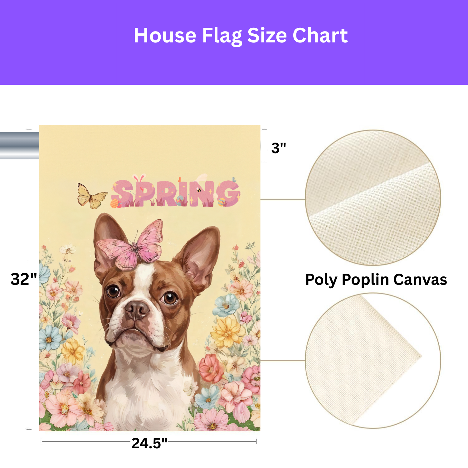 Pink Butterfly Spring Red Boston Terrier Garden Flag - size comparison - Dragonfire Gardens