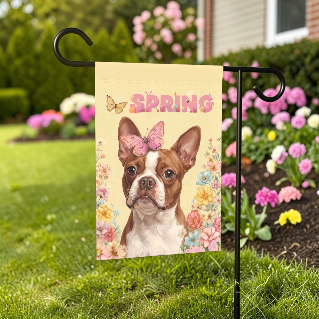 Pink Butterfly Spring Red Boston Terrier Garden Flag - front view - Dragonfire Gardens