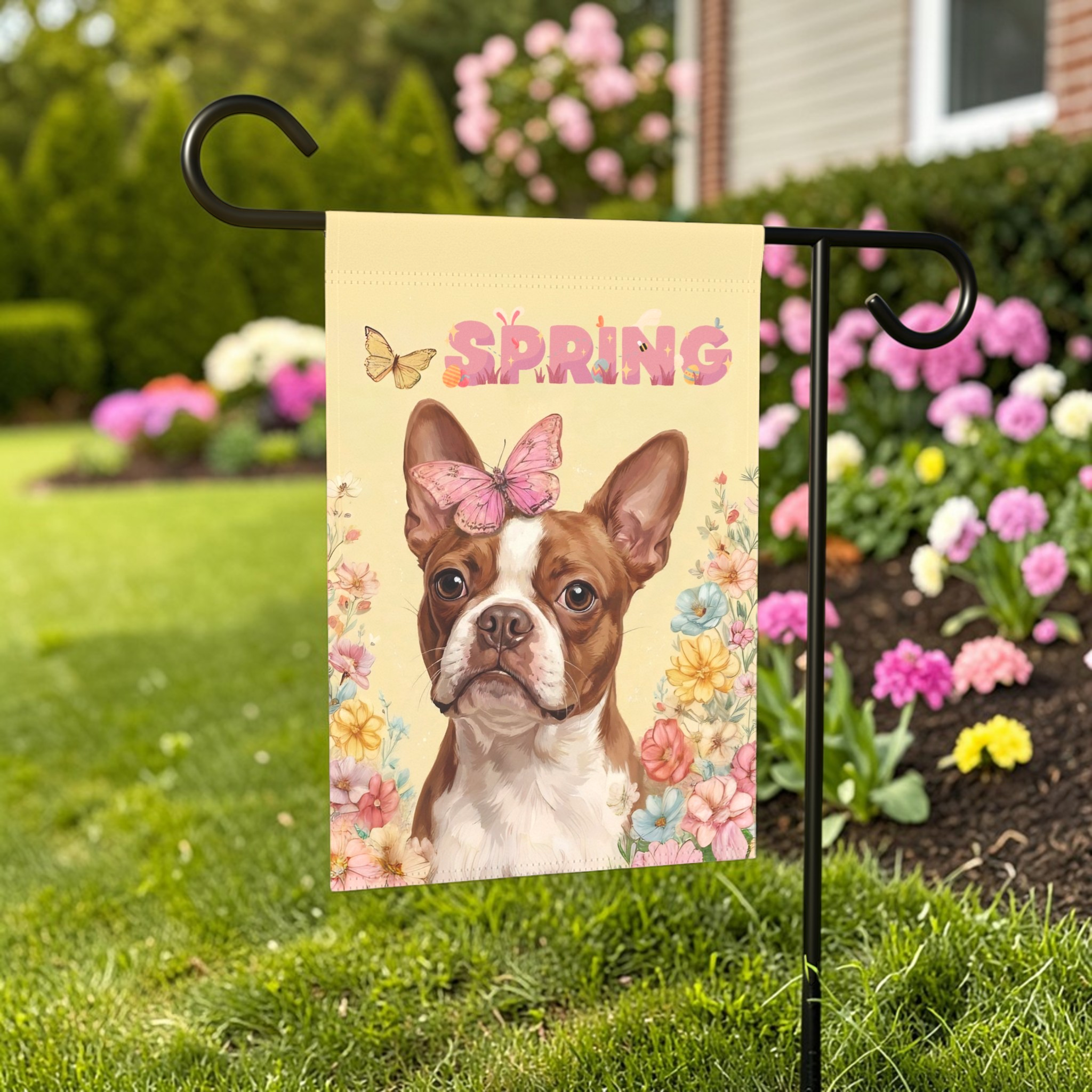 Pink Butterfly Spring Red Boston Terrier Garden Flag - front view - Dragonfire Gardens