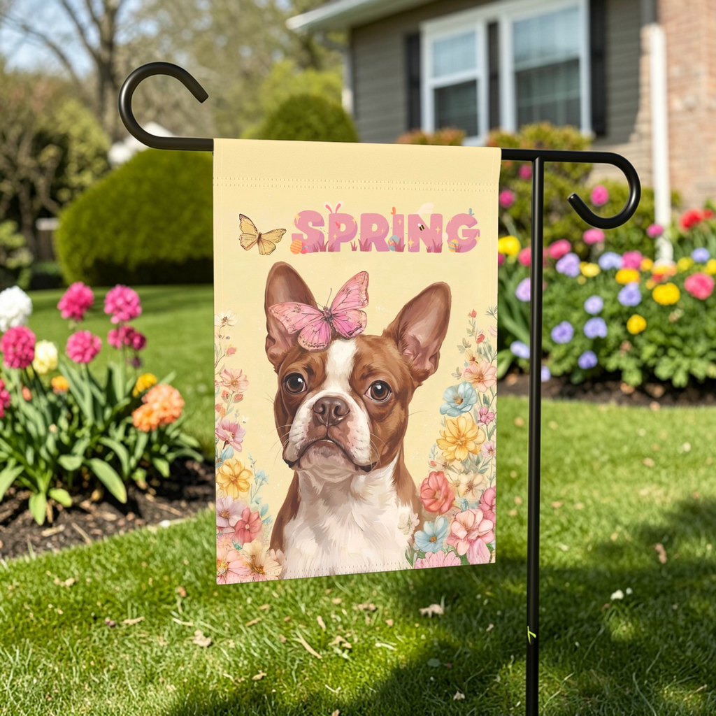 Pink Butterfly Spring Red Boston Terrier Garden Flag - lifestyle display - Dragonfire Gardens
