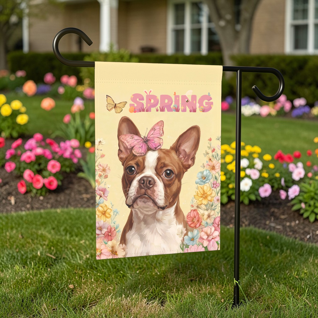 Pink Butterfly Spring Red Boston Terrier Garden Flag - outdoor display - Dragonfire Gardens