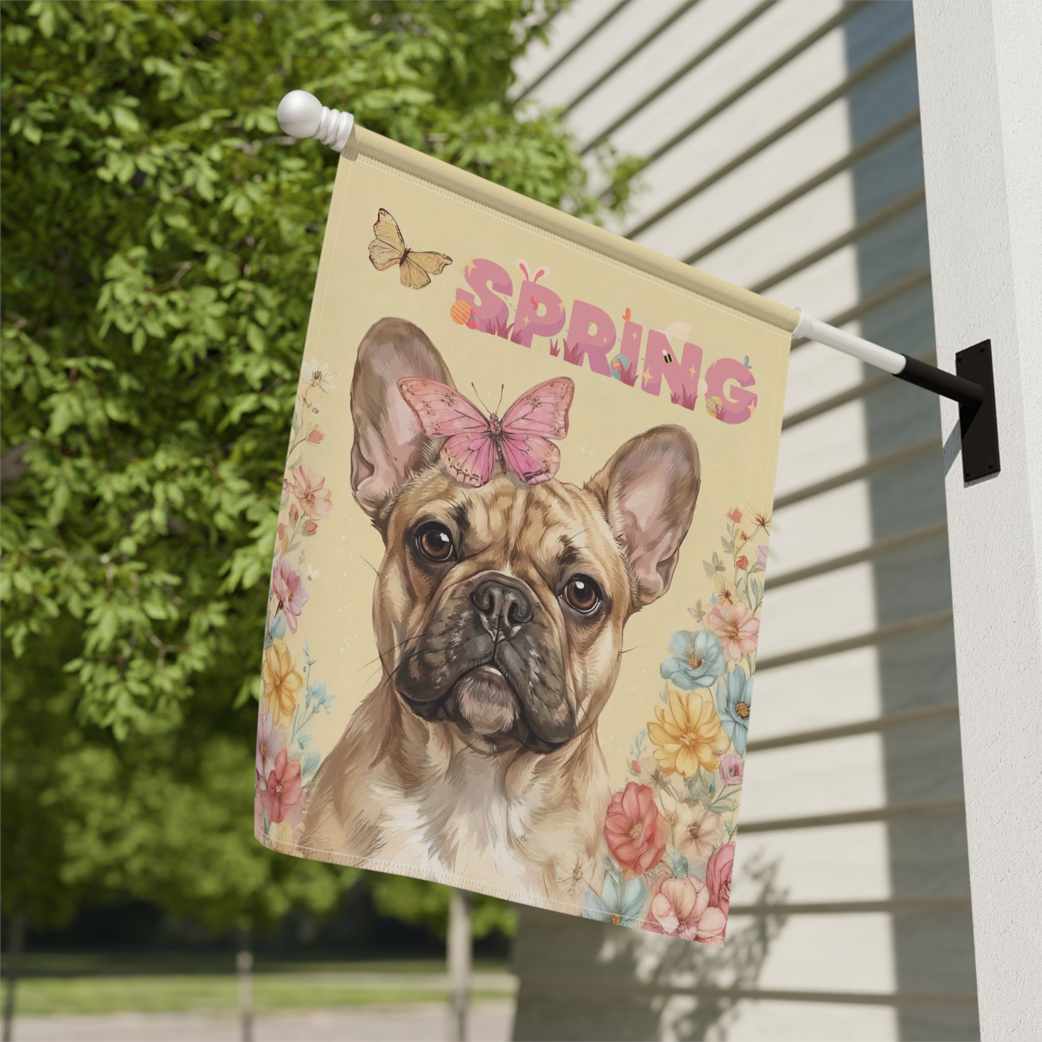 Pink Butterfly Spring French Bulldog Garden Flag - yard display - Dragonfire Gardens