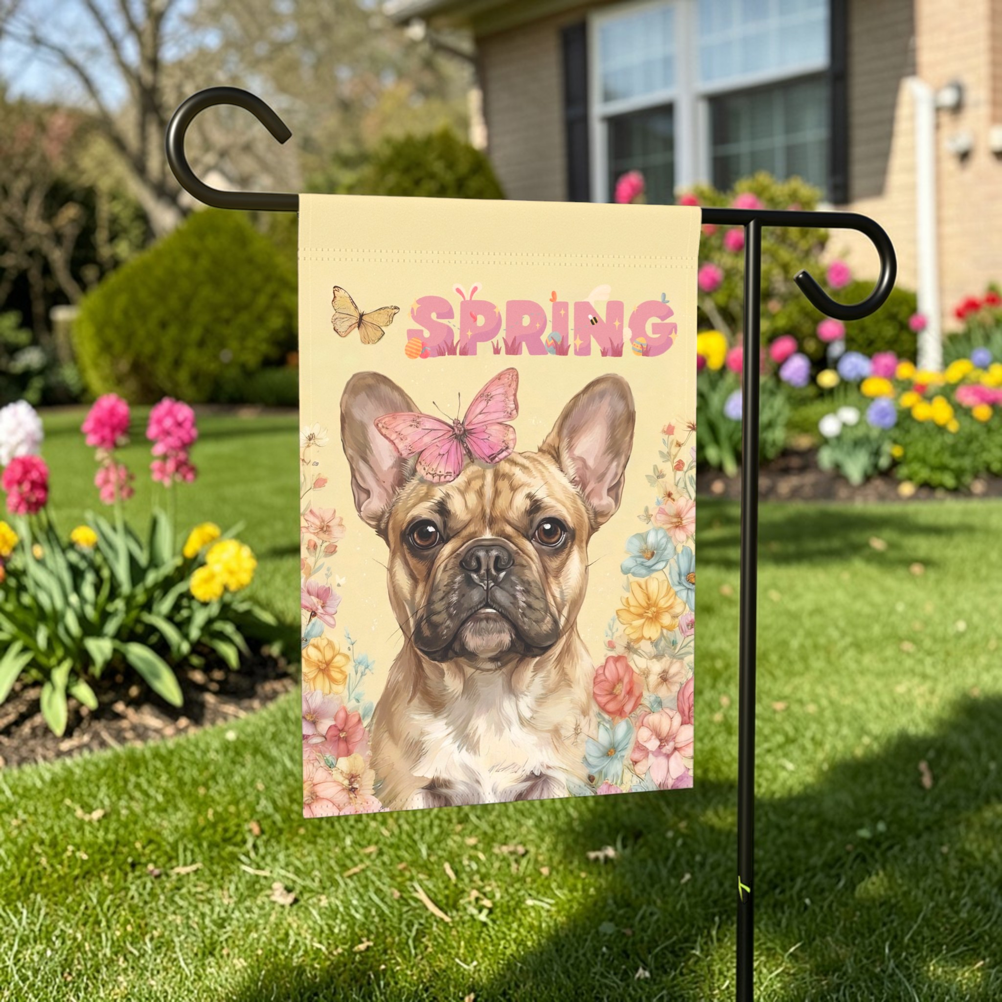 Pink Butterfly Spring French Bulldog Garden Flag