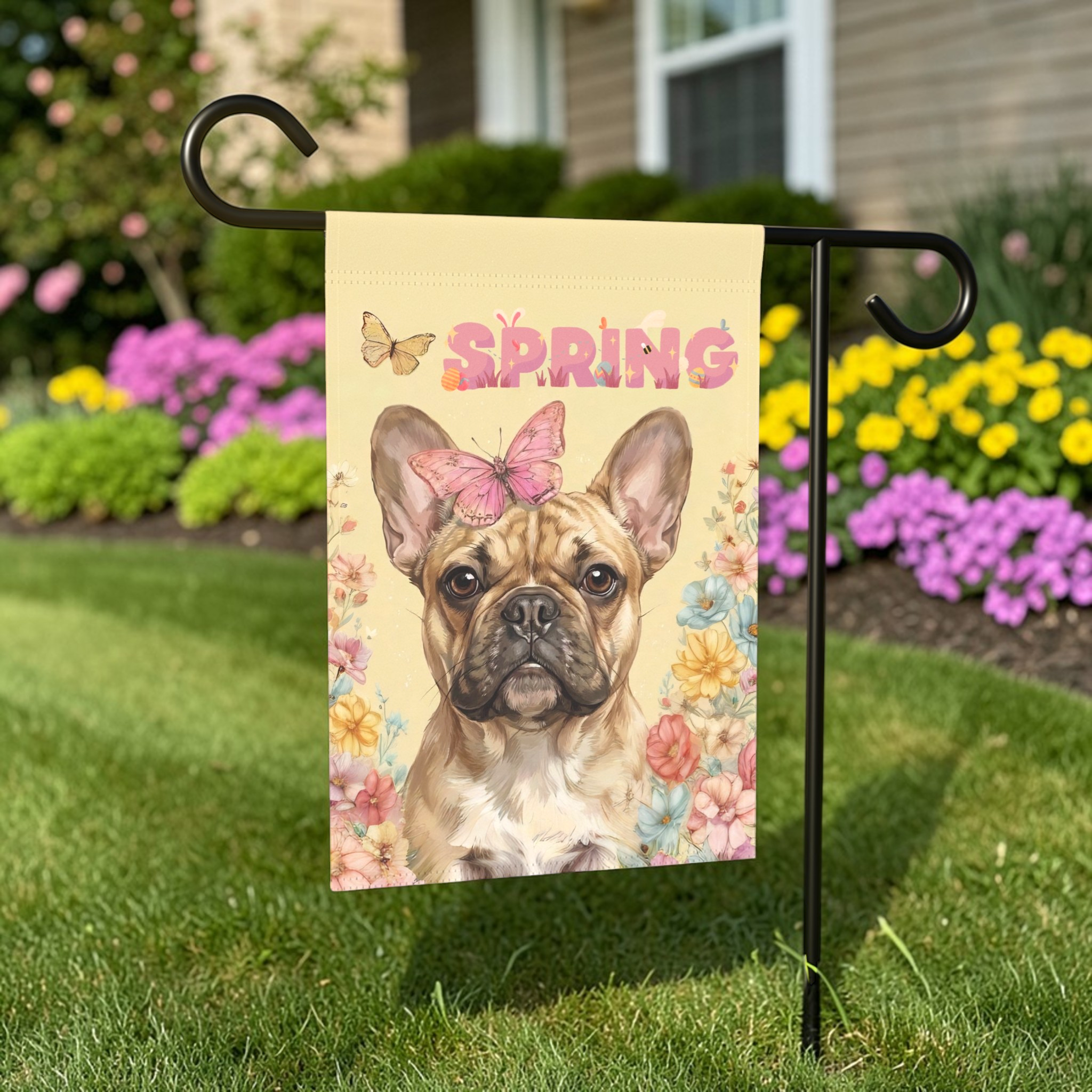 Pink Butterfly Spring French Bulldog Garden Flag