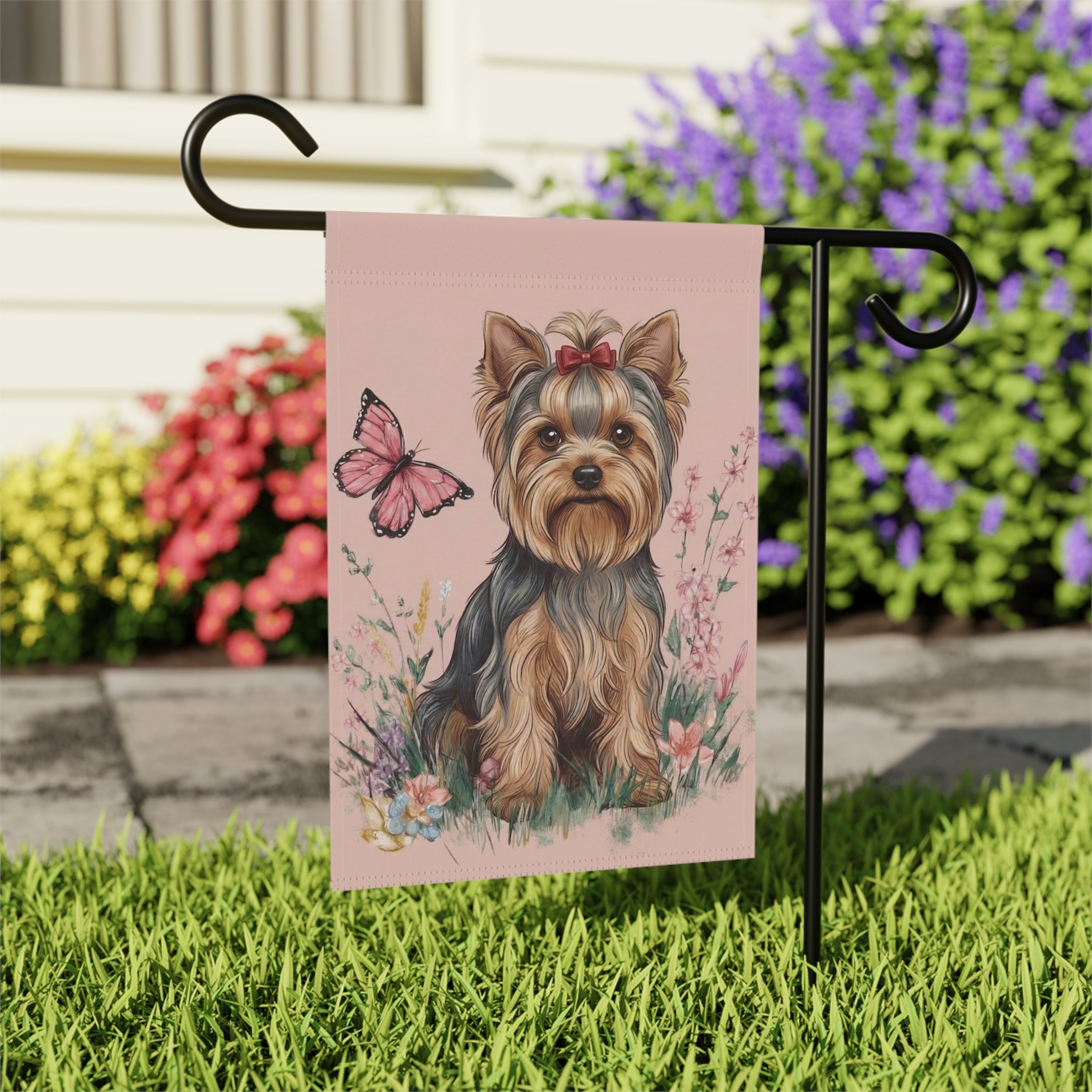 Pink Butterfly Yorkshire Terrier Spring Garden Flag - close-up detail - Dragonfire Gardens