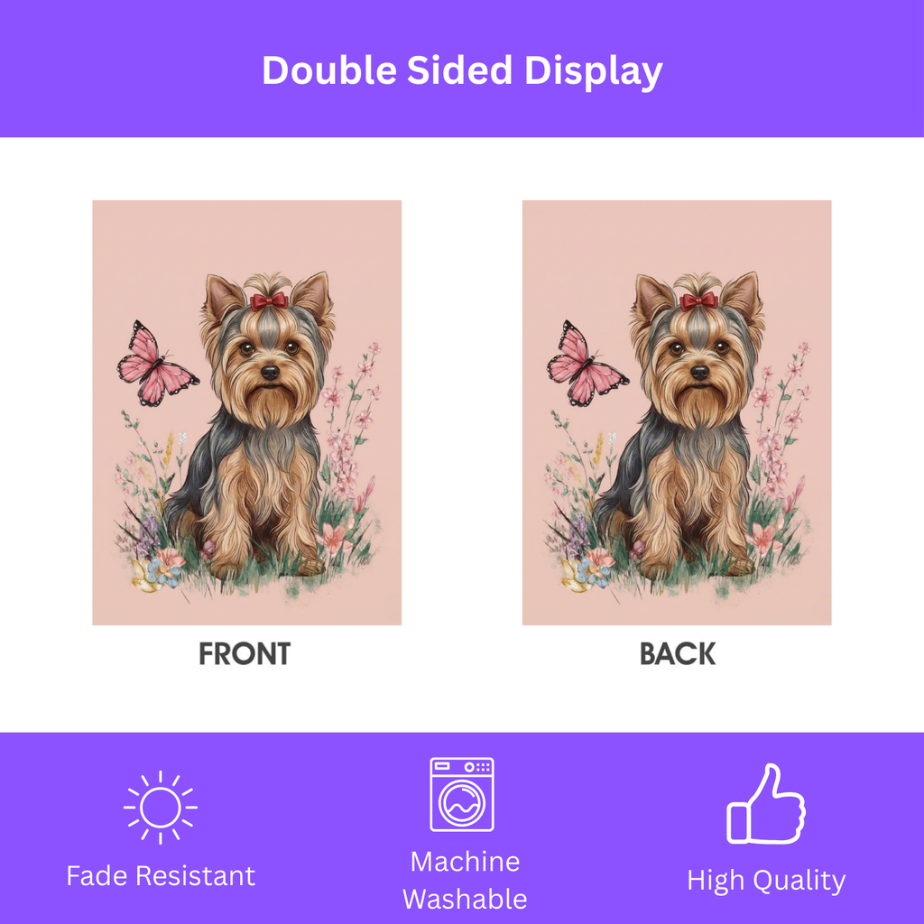 Pink Butterfly Yorkshire Terrier Spring Garden Flag - size comparison - Dragonfire Gardens