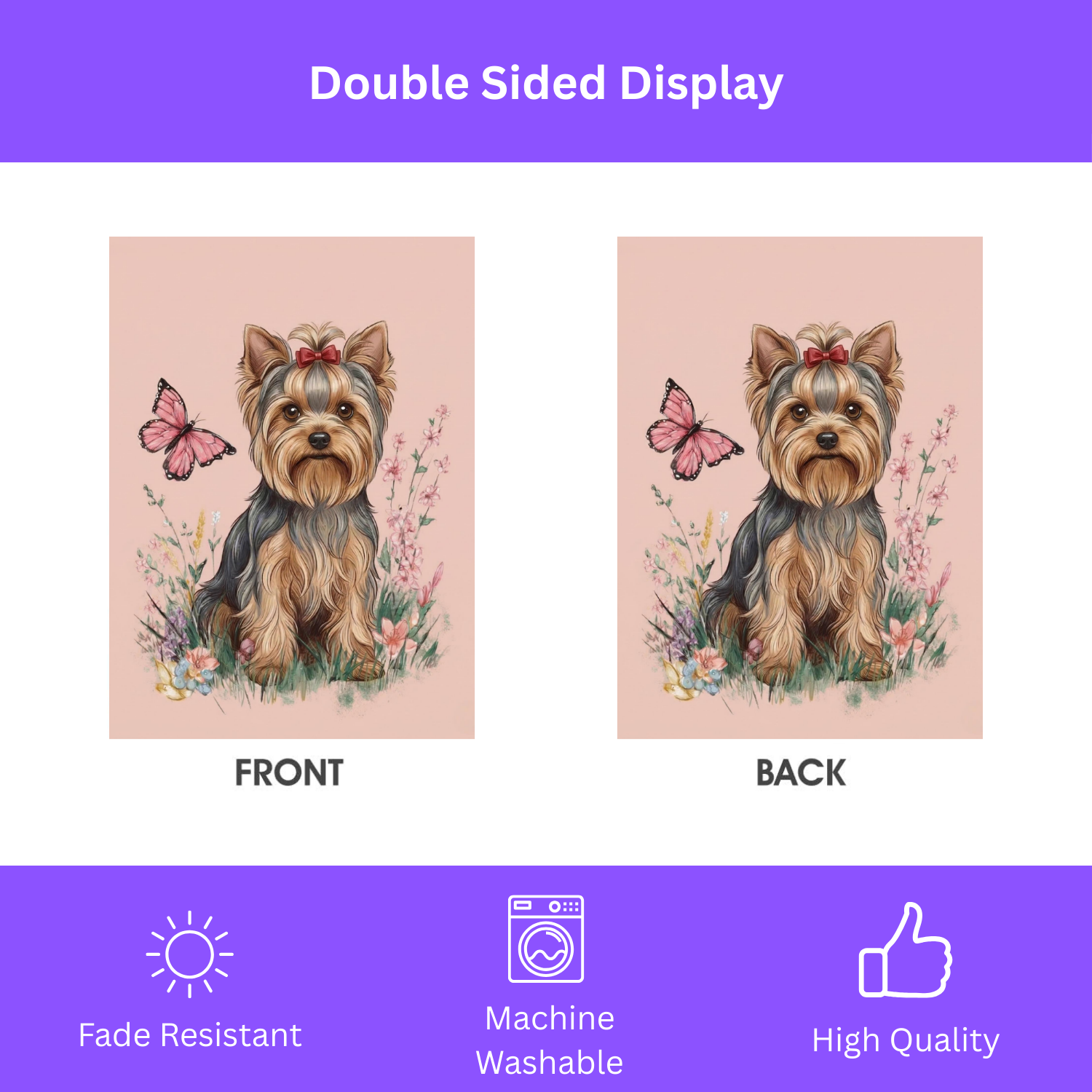 Pink Butterfly Yorkshire Terrier Spring Garden Flag - size comparison - Dragonfire Gardens
