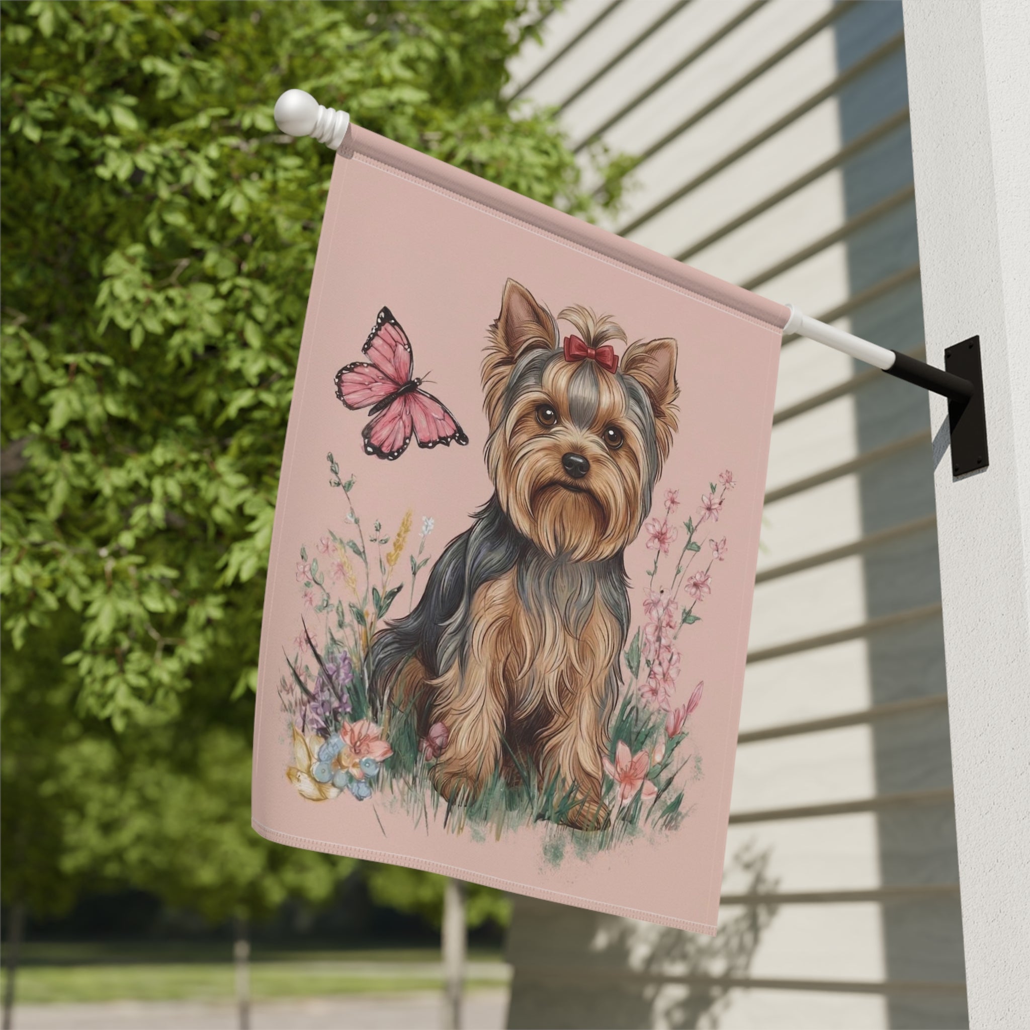Pink Butterfly Yorkshire Terrier Spring Garden Flag - yard display - Dragonfire Gardens