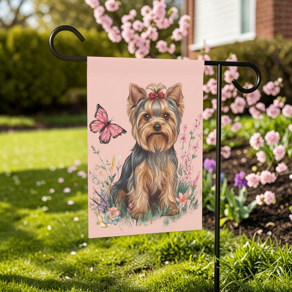 Pink Butterfly Yorkshire Terrier Spring Garden Flag - outdoor display - Dragonfire Gardens