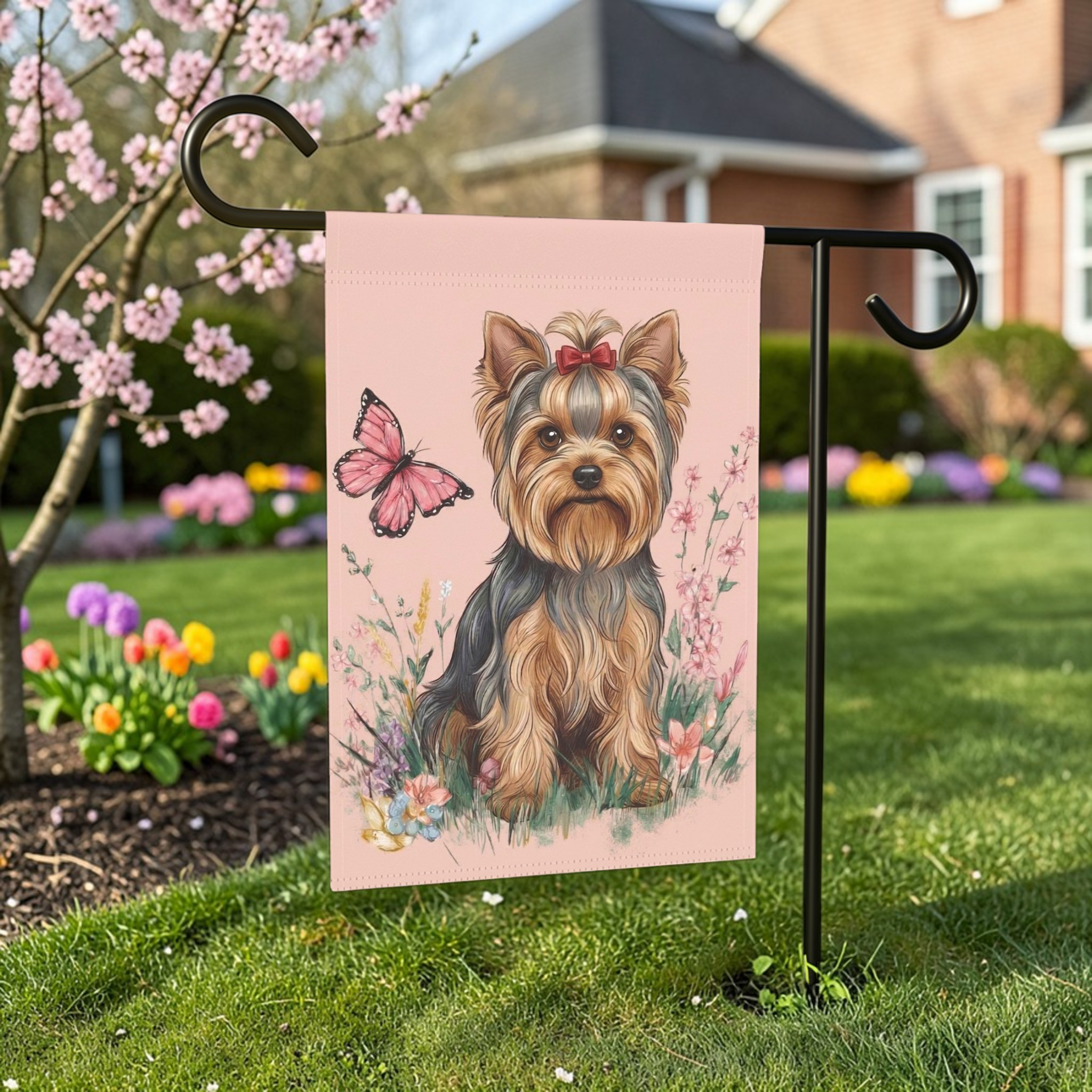 Pink Butterfly Yorkshire Terrier Spring Garden Flag - lifestyle display - Dragonfire Gardens
