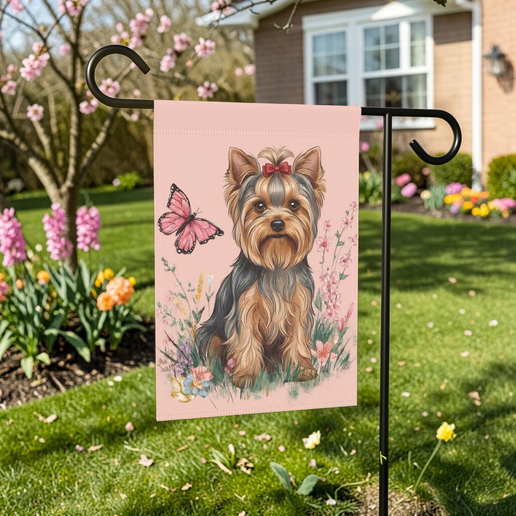 Pink Butterfly Yorkshire Terrier Spring Garden Flag - front view - Dragonfire Gardens