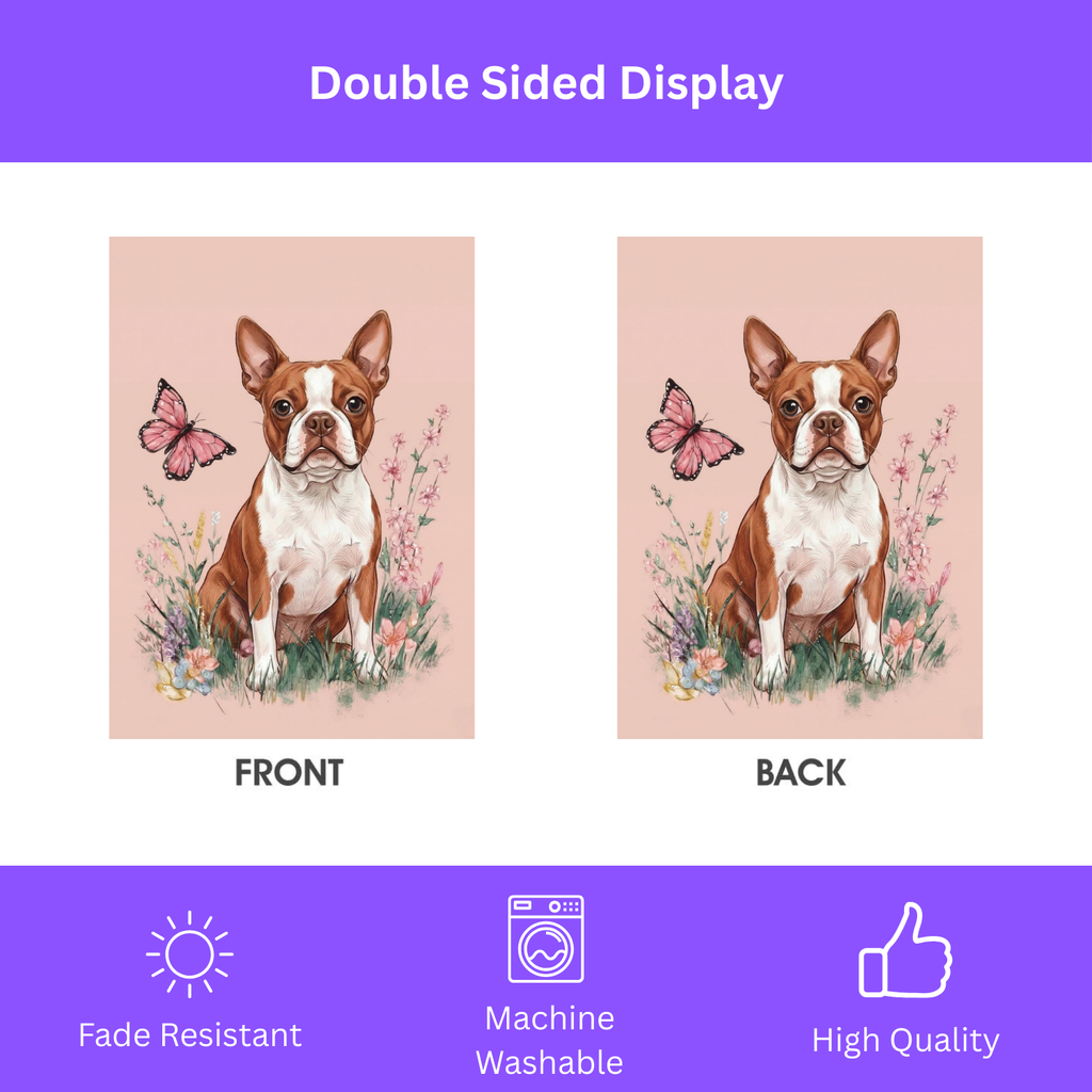 Pink Butterfly Red Boston Terrier Spring Garden Flag - porch decor - Dragonfire Gardens