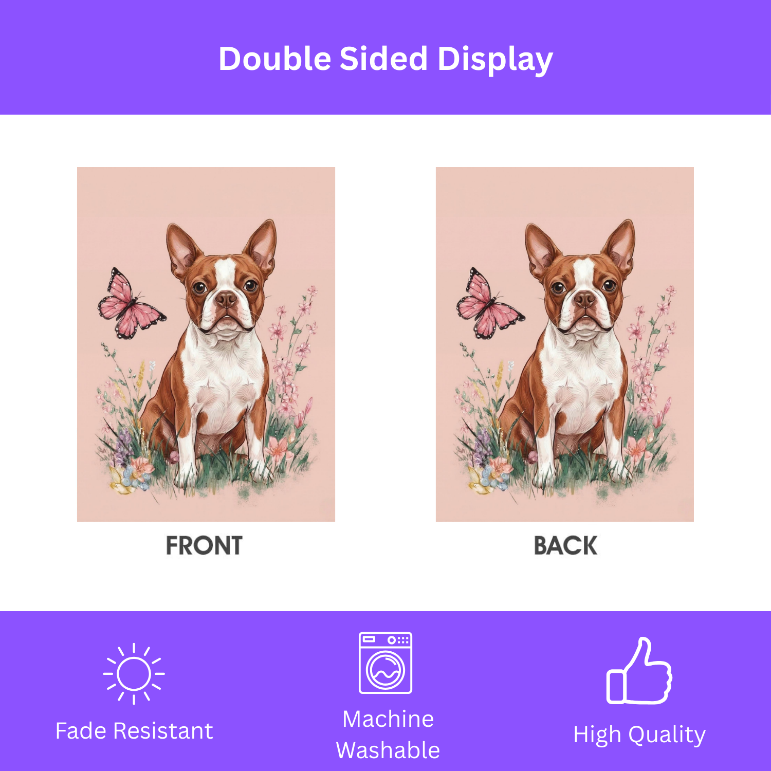 Pink Butterfly Red Boston Terrier Spring Garden Flag - porch decor - Dragonfire Gardens