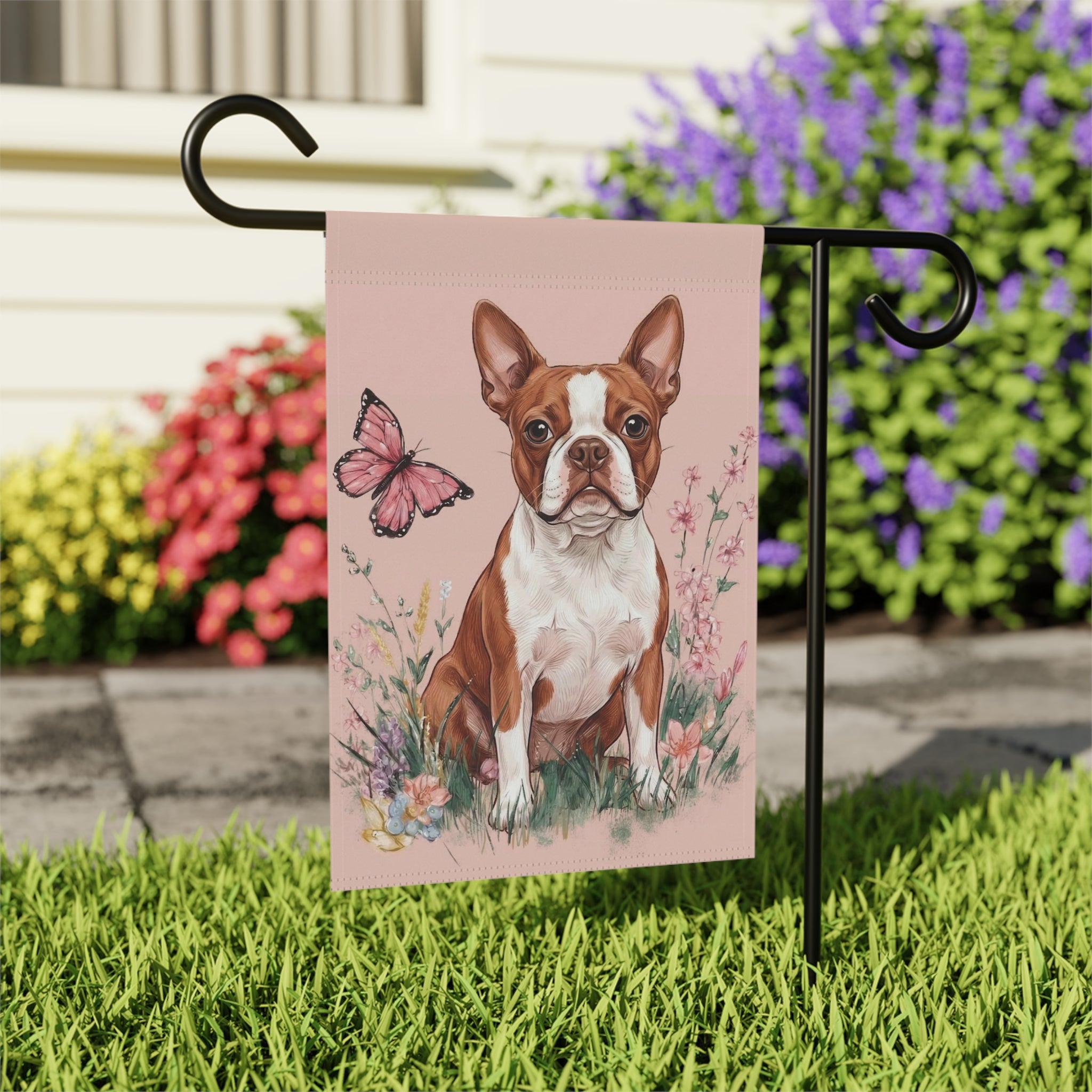 Pink Butterfly Red Boston Terrier Spring Garden Flag - close-up detail - Dragonfire Gardens