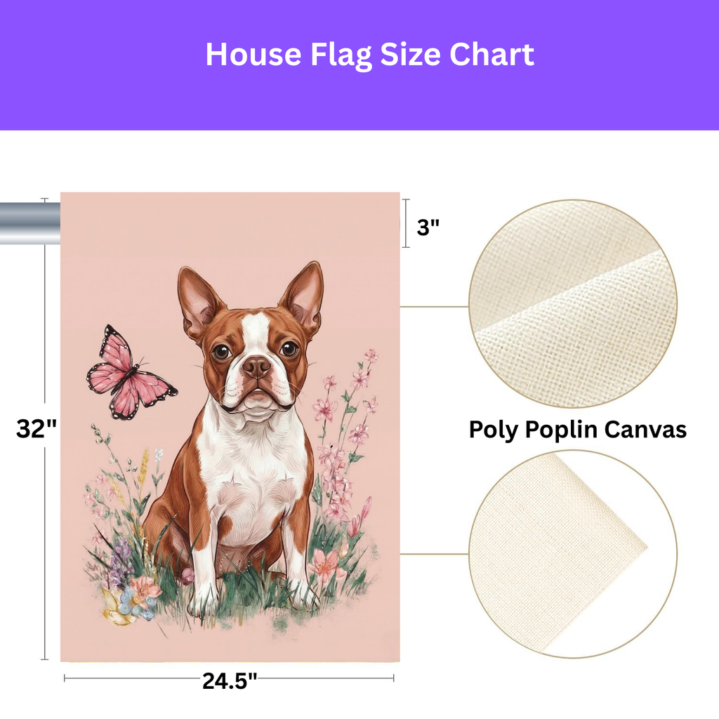 Pink Butterfly Red Boston Terrier Spring Garden Flag - size comparison - Dragonfire Gardens