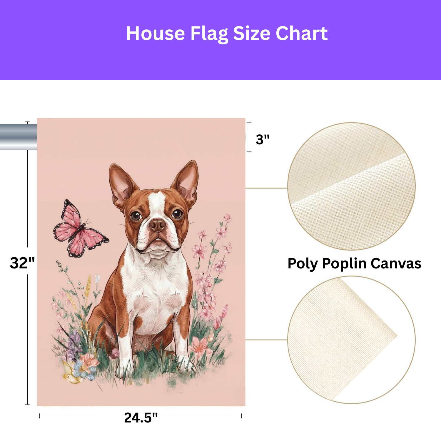 Pink Butterfly Red Boston Terrier Spring Garden Flag - size comparison - Dragonfire Gardens