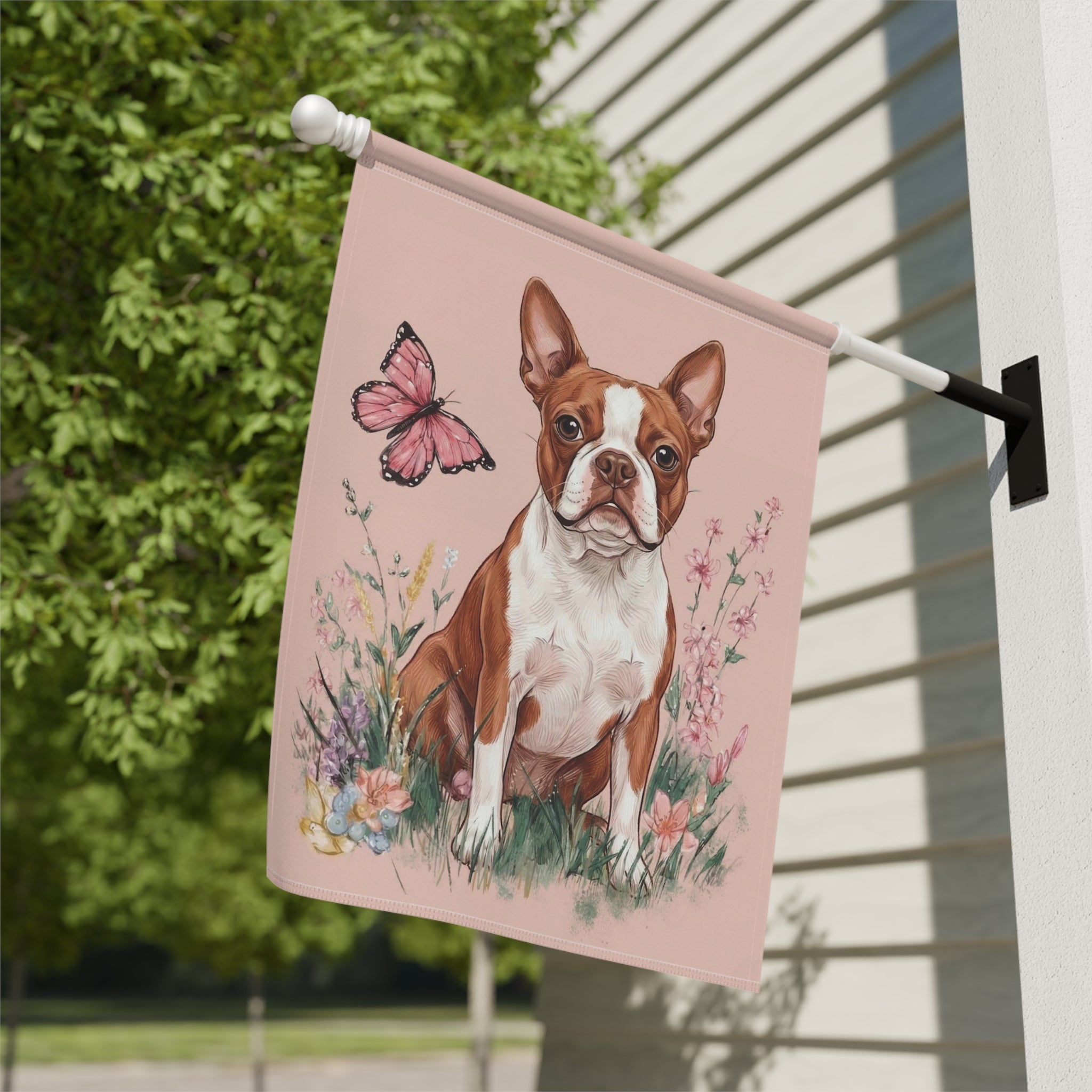 Pink Butterfly Red Boston Terrier Spring Garden Flag - yard display - Dragonfire Gardens