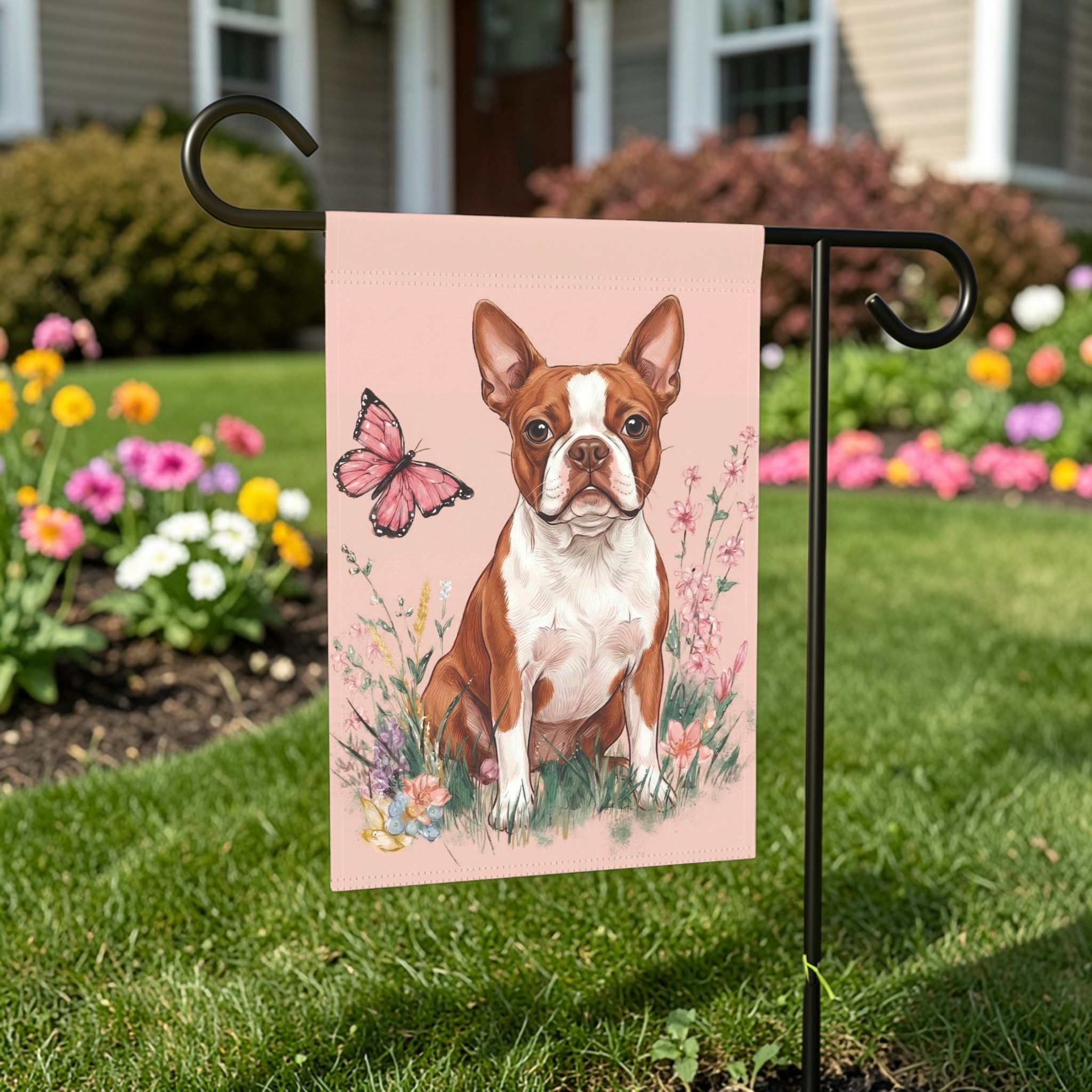 Pink Butterfly Red Boston Terrier Spring Garden Flag - front view - Dragonfire Gardens