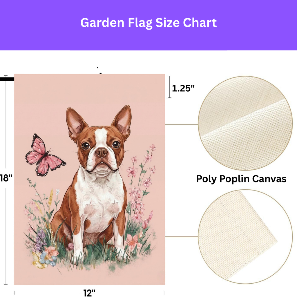 Pink Butterfly Red Boston Terrier Spring Garden Flag - double-sided design - Dragonfire Gardens