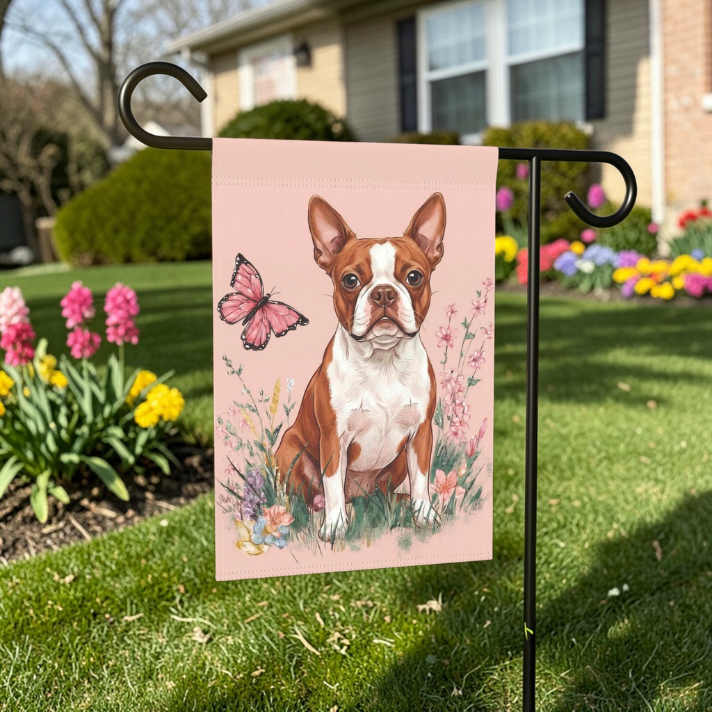 Pink Butterfly Red Boston Terrier Spring Garden Flag - outdoor display - Dragonfire Gardens