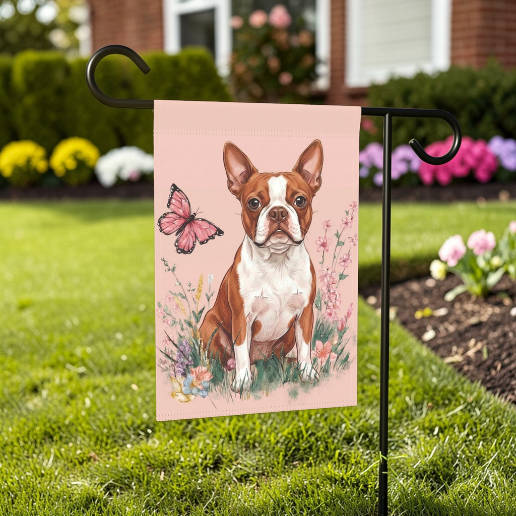 Pink Butterfly Red Boston Terrier Spring Garden Flag - lifestyle display - Dragonfire Gardens