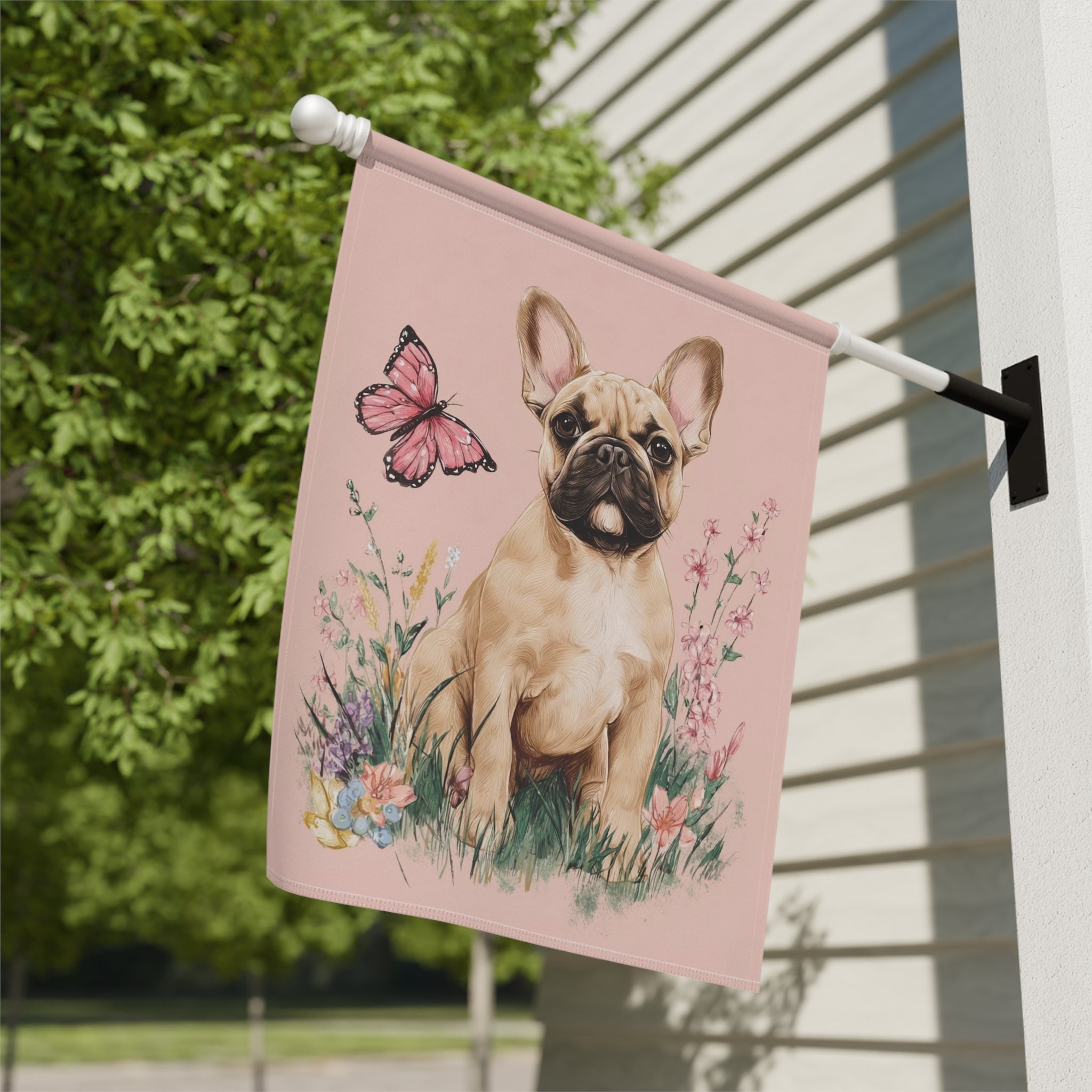 Pink Butterfly Frenchie Spring Garden Flag - yard display - Dragonfire Gardens