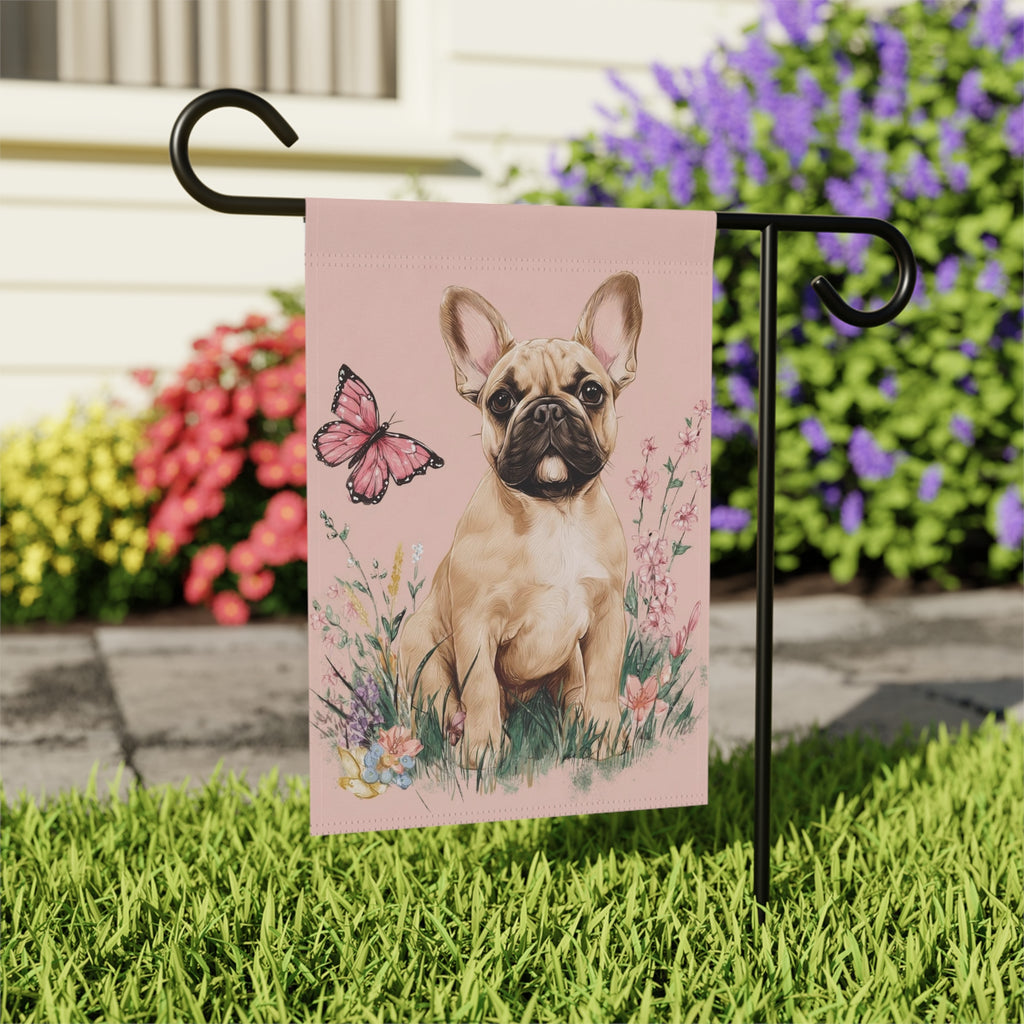 Pink Butterfly Frenchie Spring Garden Flag