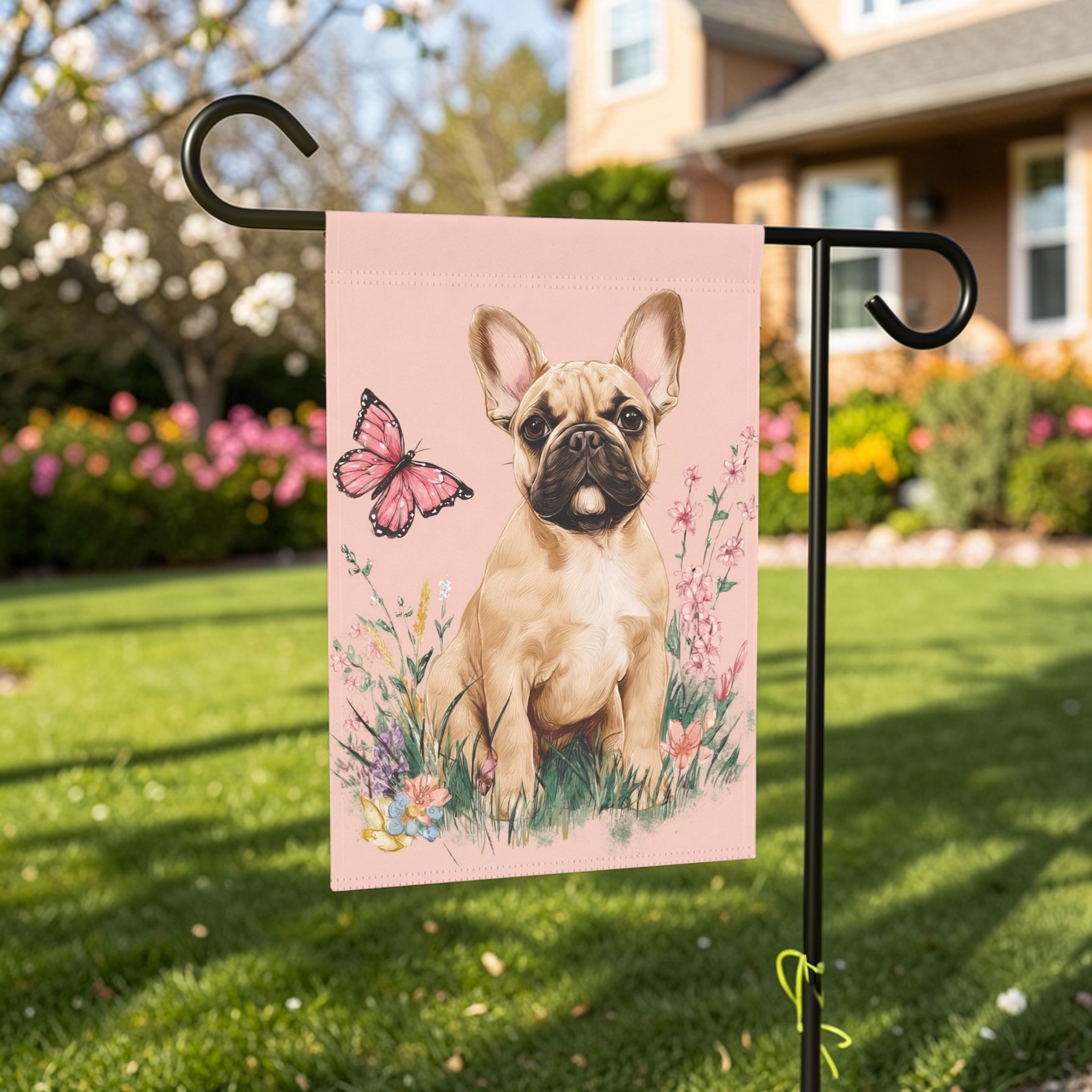 Pink Butterfly Frenchie Spring Garden Flag