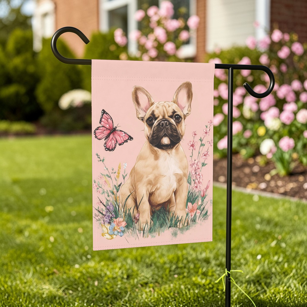 Pink Butterfly Frenchie Spring Garden Flag