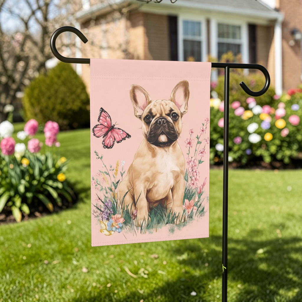 Pink Butterfly Frenchie Spring Garden Flag