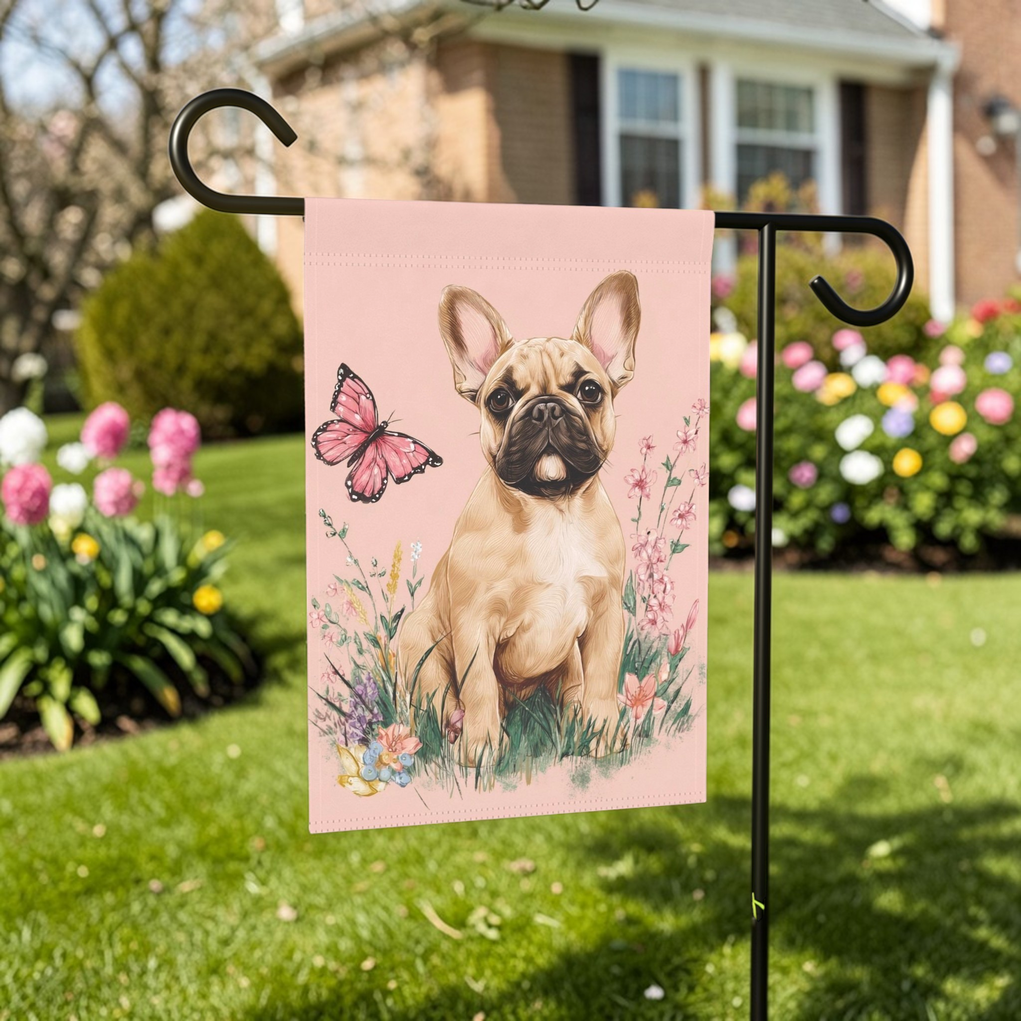 Pink Butterfly Frenchie Spring Garden Flag