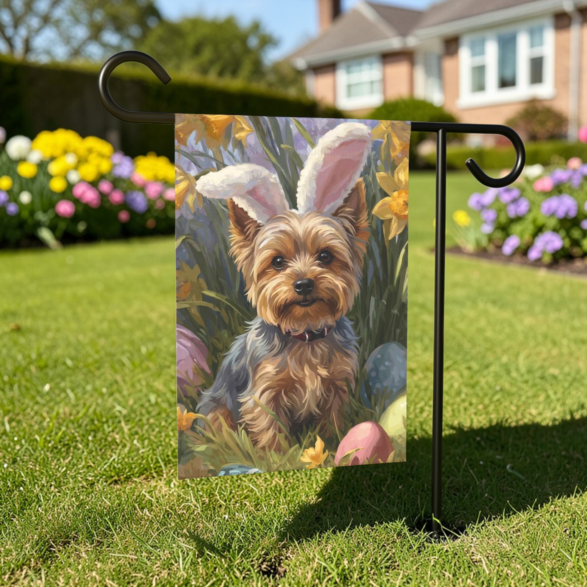 Pink Bunny Ears Yorkshire Terrier Easter Garden Flag